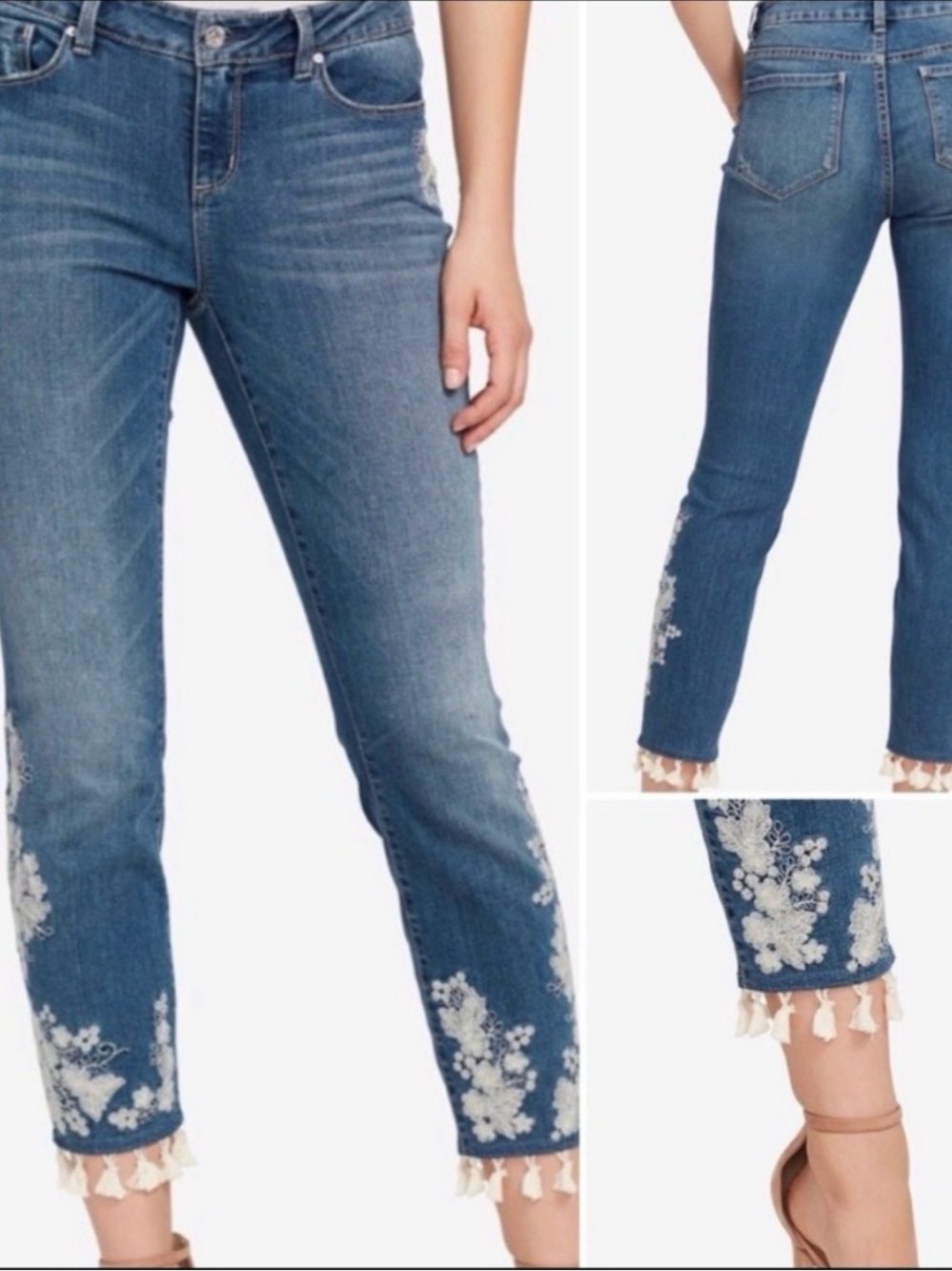 Vintage America Blue Cropped Jeans with White Floral Embroidery and Tassel Hem